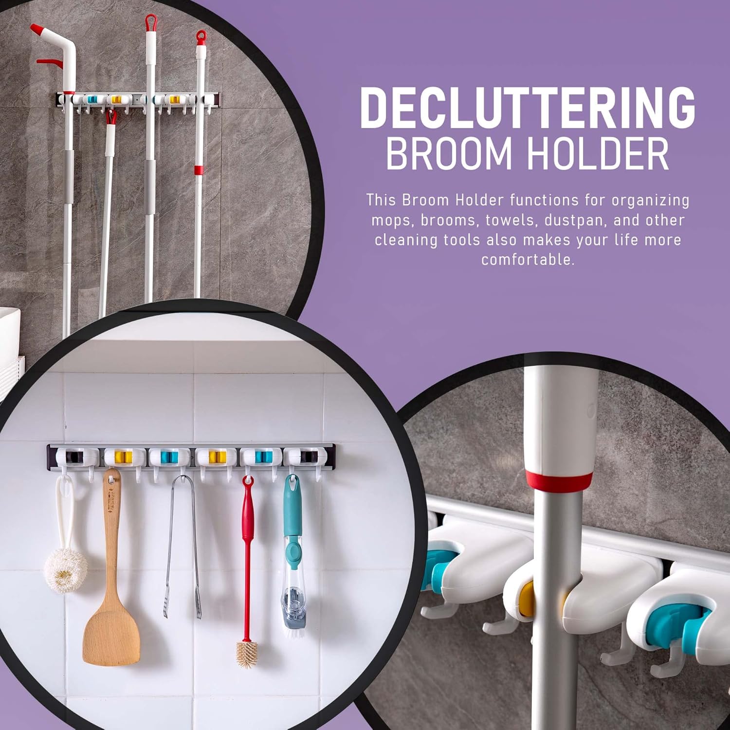 Mop and Broom Holder Wall Mount with 12 Hooks & 6 Grips