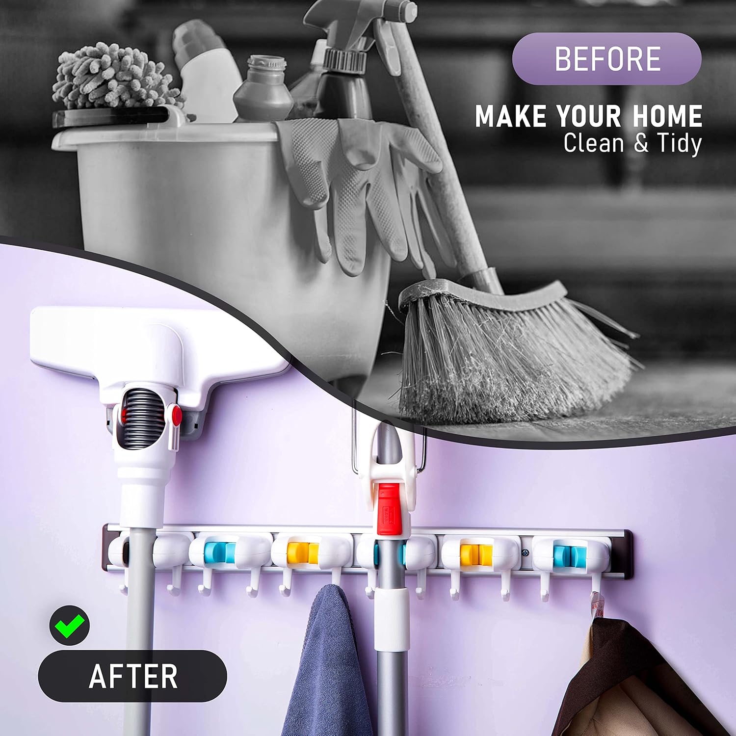 Mop and Broom Holder Wall Mount with 12 Hooks & 6 Grips